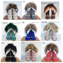 2014 High Quality Christmas New Fashion snow boots for women real genuine leather winter shoes Nature fox fur tassels boot flats