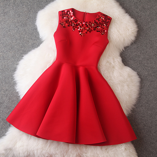 ... Red-Sleeveless-Sequined-Mini-Dresses-Black-Princess-Office-Casual
