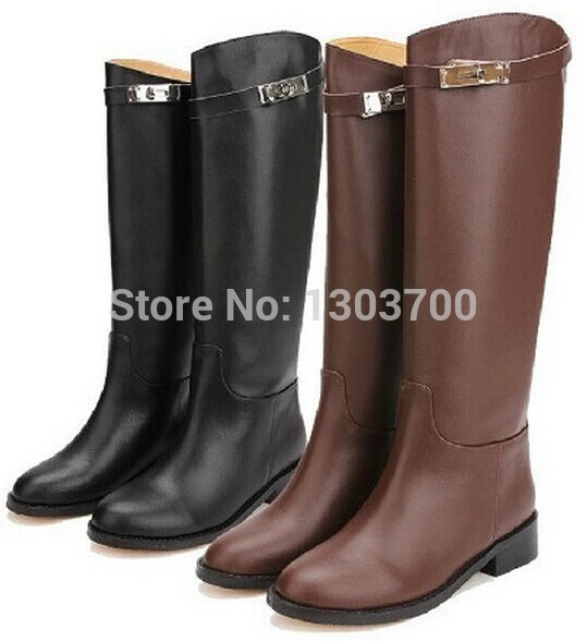 Winter Women s Boots Brand EURO Fashion Genuine Leather Buckle Strap Women Knee High Flat motorcycle
