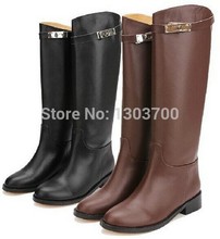 Winter Women’s Boots Brand EURO Fashion Genuine Leather Buckle Strap Women Knee High Flat motorcycle Knight Boots Free Shopping