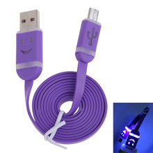 Mini Big Smile USB Combination Cables Flat LED Light Smile Face USB Data Sync Charger Cable for Samsung Purple ARE4