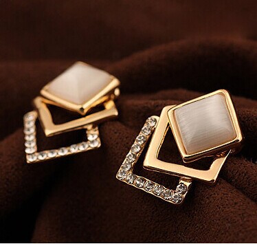 18KG Plated 2014 New Style Korean Temperament OL Fashion Sparking Rhinestone 18KGP Geometry Square Opal Stud