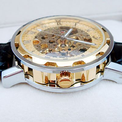 Mens Luxury Watches on Mens Luxury Watch Gold Tone Skeleton Auto Leather Gift