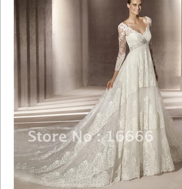 2012 Lace Long Sleeve Wedding Gowns V neck With Chapel train Luxury