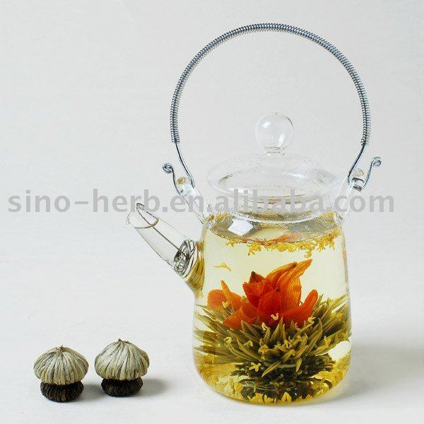 FREE SHIPPING a glass teapot,stainless steel pot with 50 pcs blooming flowering teaballs(China (Mainland))