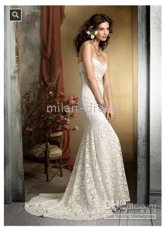  Jim Hjelm Ivory Cotton Lace over Champagne Charmeuse trumpet bridal gown