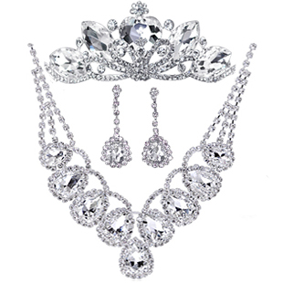 Three sets bride deep affection honey big rhinestone wedding dress accessories marriage jewelry necklace earring crown