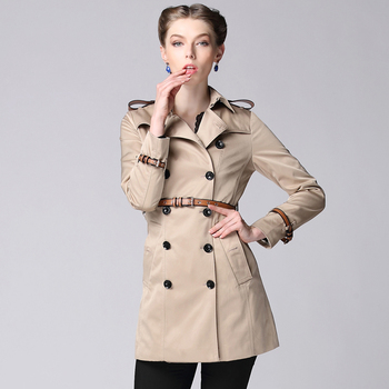 Горячие продаж 2014 осень зима британский стиль высокое качество элегантный хлопок габардин Mid - длина пальто с кожаным ремнем # Y9121