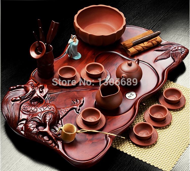 Luxury complete tea set lot with tea tray solid wood dragon design half handmade craft Chinese