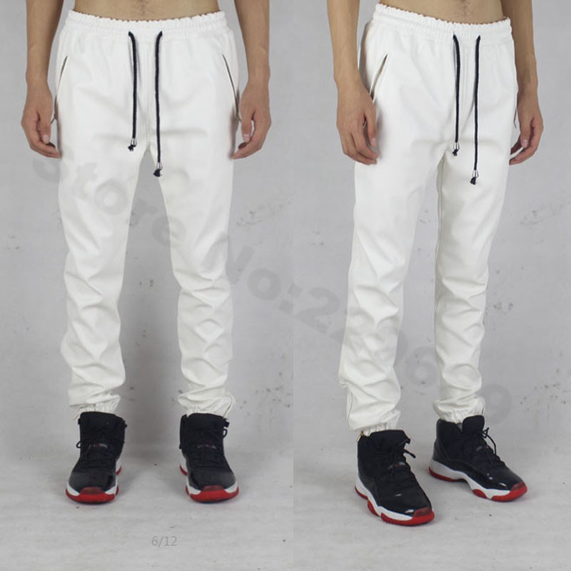 mens-white-leather-joggers-pants-faux-leather-tapered-sweatpants-for ...