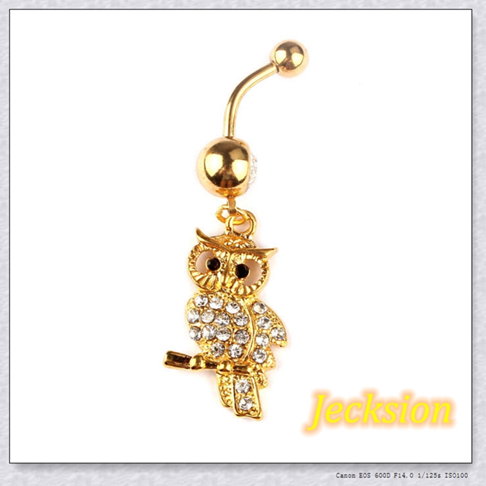New1PC Rhinestone Owl Gold Dangle Body Piercing Jewelry Belly Navel Bar Ring Jecksion