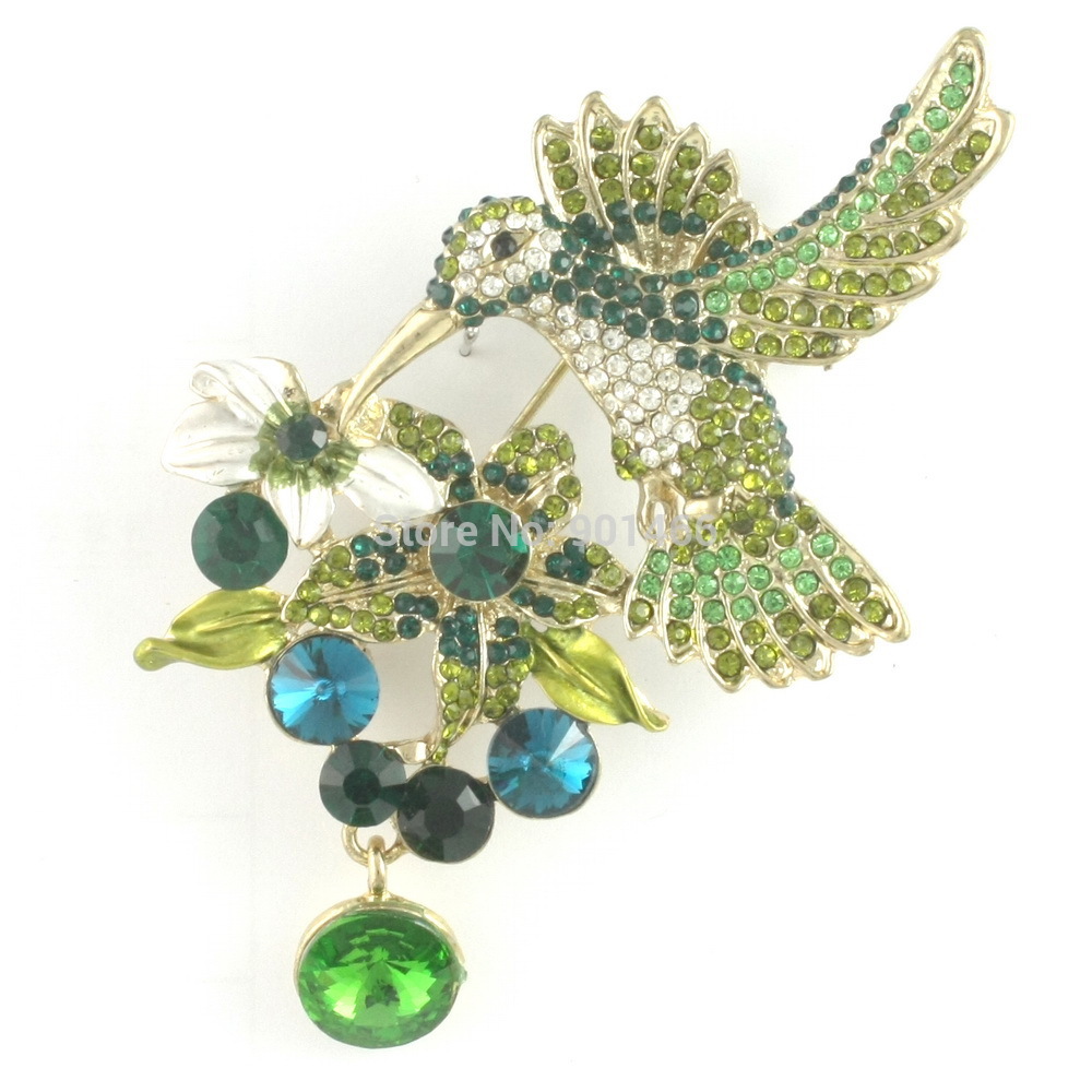 Animal Green Rhinestone Crystals Hummingbird Brooches Broach Pin for Women Jewelry Accessories Free Shipping 1685836