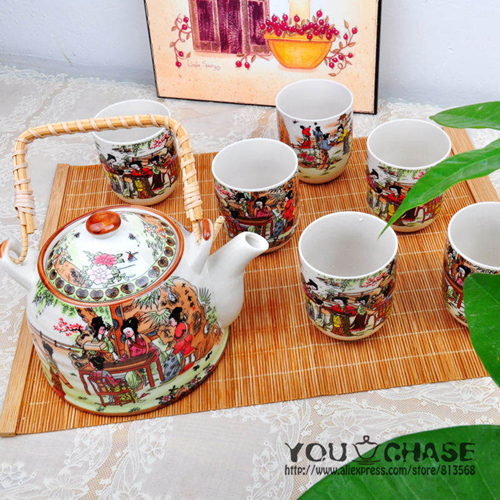 7 pcs Chinese DEHUA porcelain tea set with rattan handle twelve chinese great beauties in book