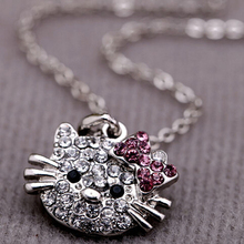Cute Hello Kitty Cat Design Pendant Chain Necklace Charm Clear Rhinestone Fashion Jewelry& Pendants Fashion Jewelry For Woman