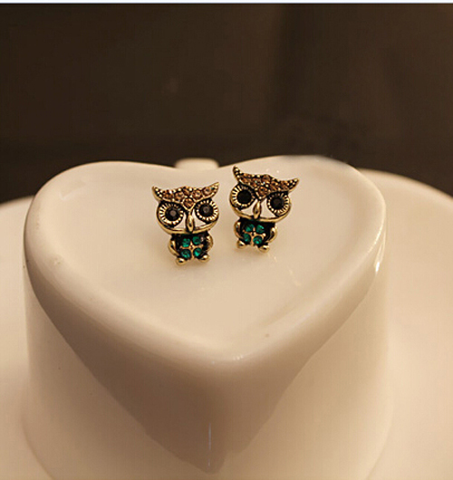 New 2014 Hotsale Bronze Jewelry Lady Fashion Vintage Style Owl Rhinestone Cute Vintage Ear Earrings