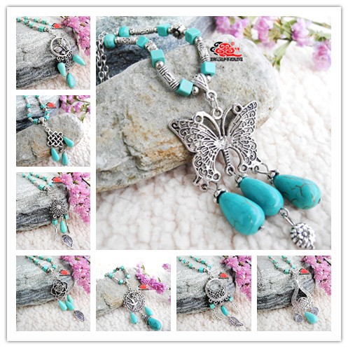 z love jewelry High Quality Tibetan Silver Turquoise carved Pendant Necklace Charm Silver Women Jewlery