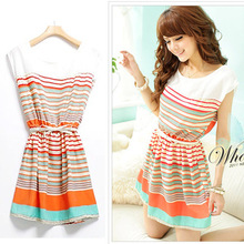 2014 novo mulheres vestido de verão colorido listrado festa casual chiffon mini vestido com cinto bowknot roupas baratas china frete grátis(China (Mainland))