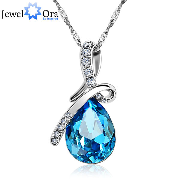 Fashion Blue Crystal Water Drop Pendant Necklace Rhodium Plated Zircon Necklaces Pendants For Women Jewelora NE100982