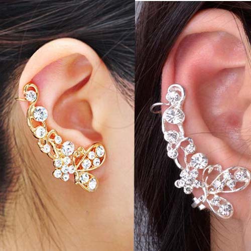 Retro Crystal Butterfly Flower Ear Cuff Stud Earring Wrap Clip On Clip Clamp New