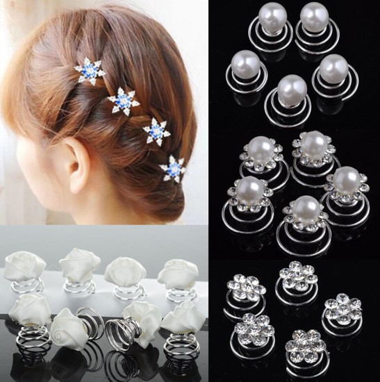 6pcs Lots Wedding Bridal Crystal Faux Pearl Crystal Flower Hair Twists Spins Pin 