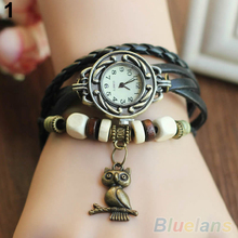 Women Girls Retro Braided Leather Bracelet Owl Decoration Quartz Wrist Watch 2D81