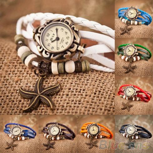 Woman Girl Vintage Leather Bracelet Starfish Decoration Quartz Wrist Watch 2D7R