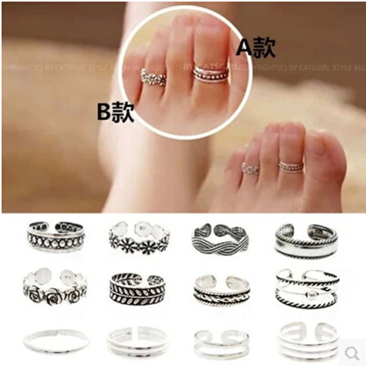 12 options Celebrity Fashion Antic Silver Toe Ring Retro Carved Flower Foot Rings Women Jewelry