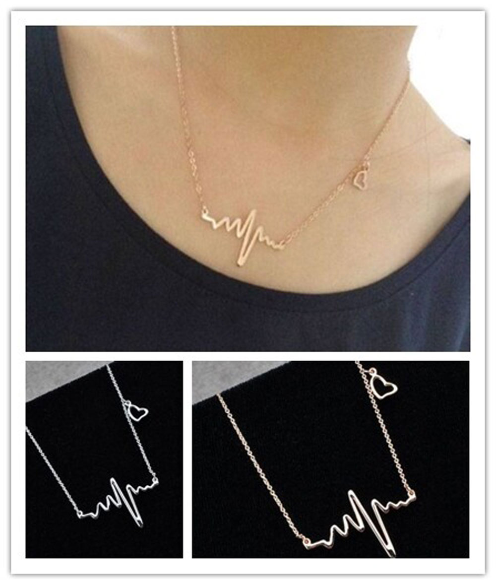 New EKG Heart Beat Necklace Heartbeat Rhythm with Dangling Heart Womens Jewelry