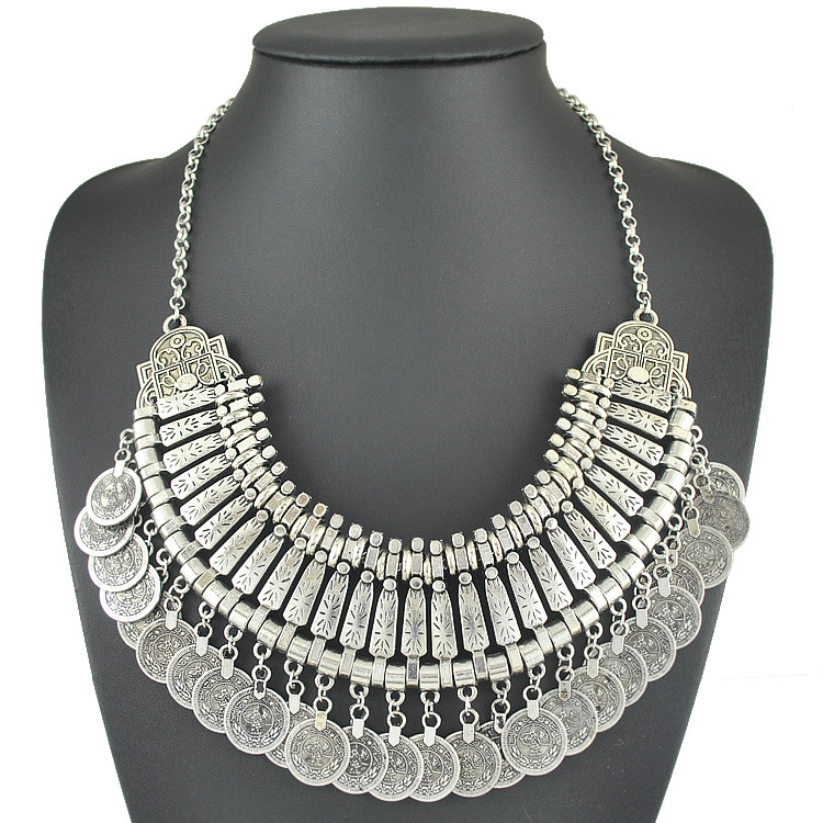 Hot Sell Gypsy Ethnic Necklaces Retro Metal Carving Coins Gold And Silver Plated Statement Necklaces For