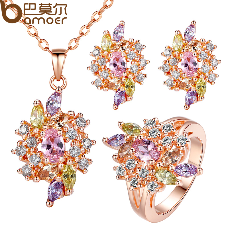 Bamoer Flower Colorful CZ Jewelry Set for Women Best Wedding Gift of Fashion Marriage Jewelry Set