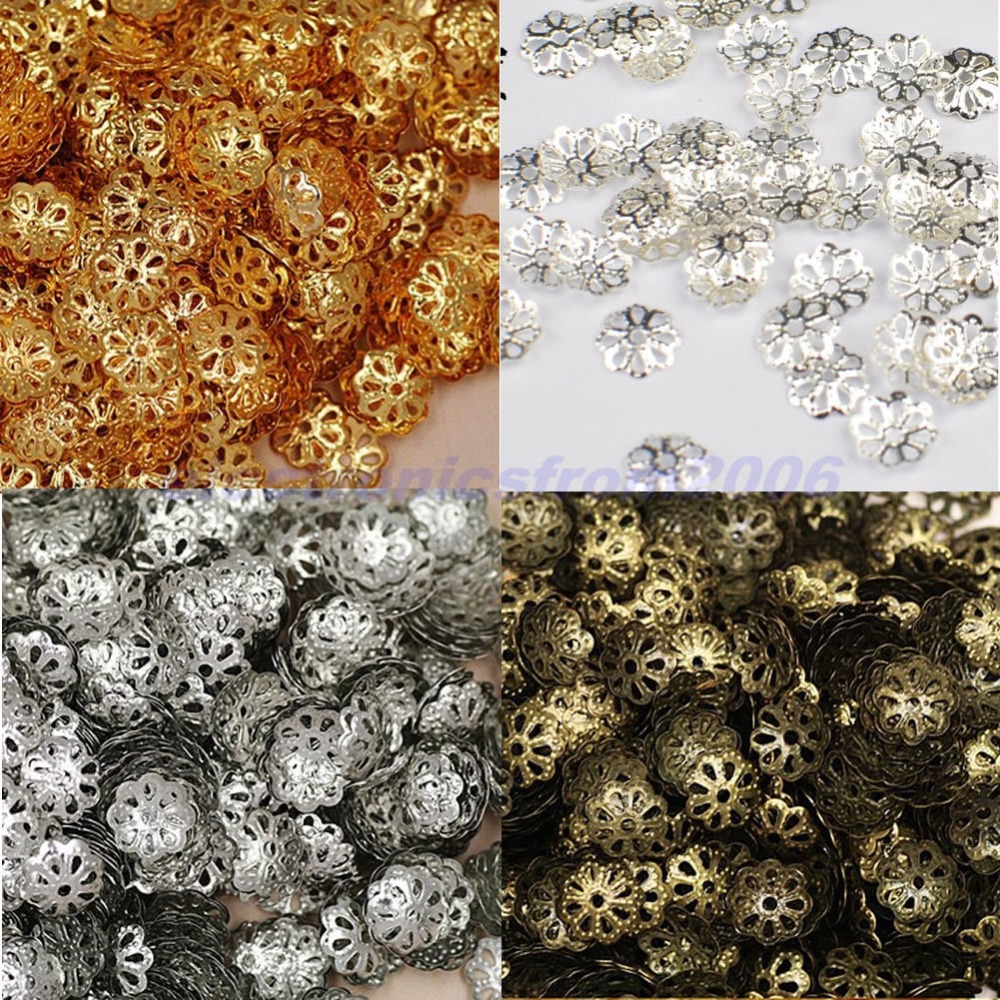 Free shipping 300 Pcs Gold Silver Nickel Bronze Plated Hollow Flower End Beads Caps 7mm
