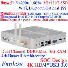 Fanless 4K mini pcs I5 4200u with Intel Core i5 4200U 1.6Ghz CPU Haswell Architecture SOC design 8G RAM 120G SSD windows Linux