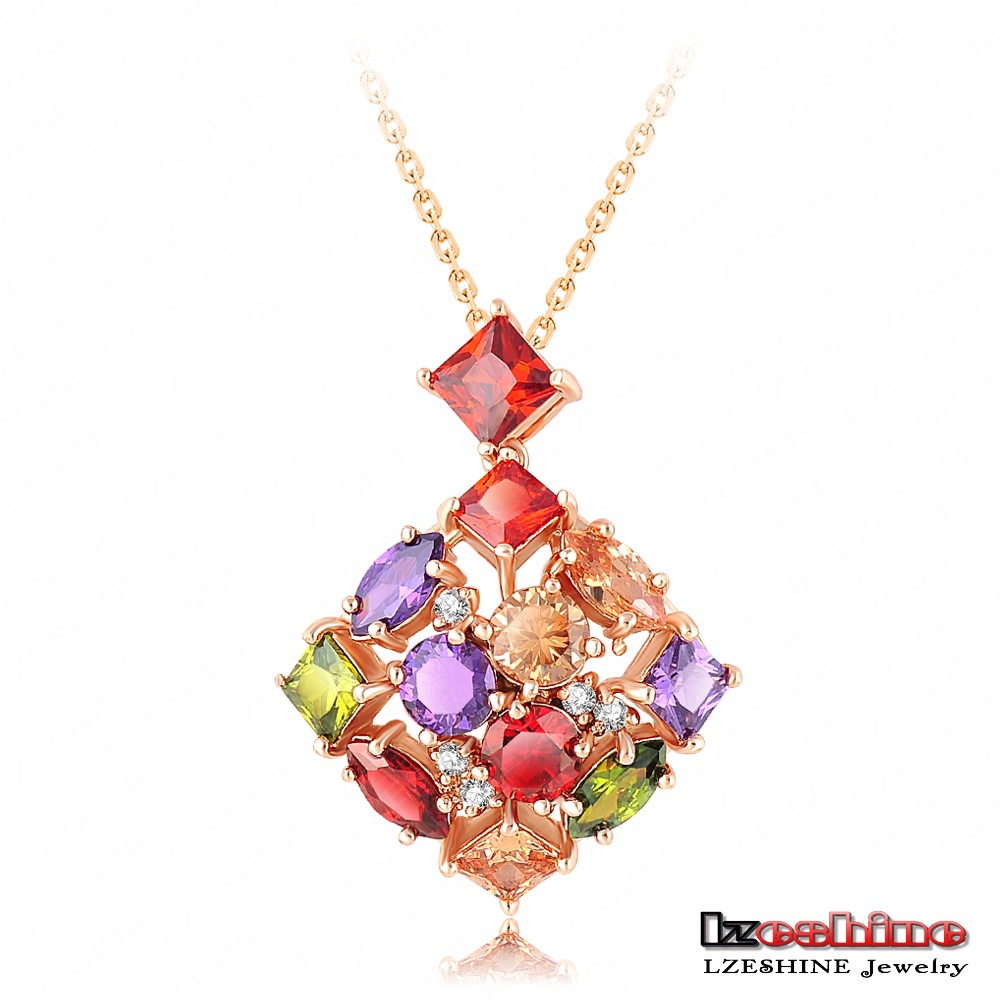 LZESHINE Brand High Quality Luxury Wedding Jewelry 18K Golden Plated Necklaces Pendants Inlay Colorful Zircon Crystal