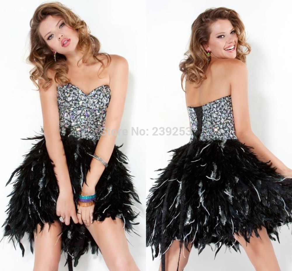 2015 Modern Couture Sweetheart Crystal Black Short Feather Prom Dress ...