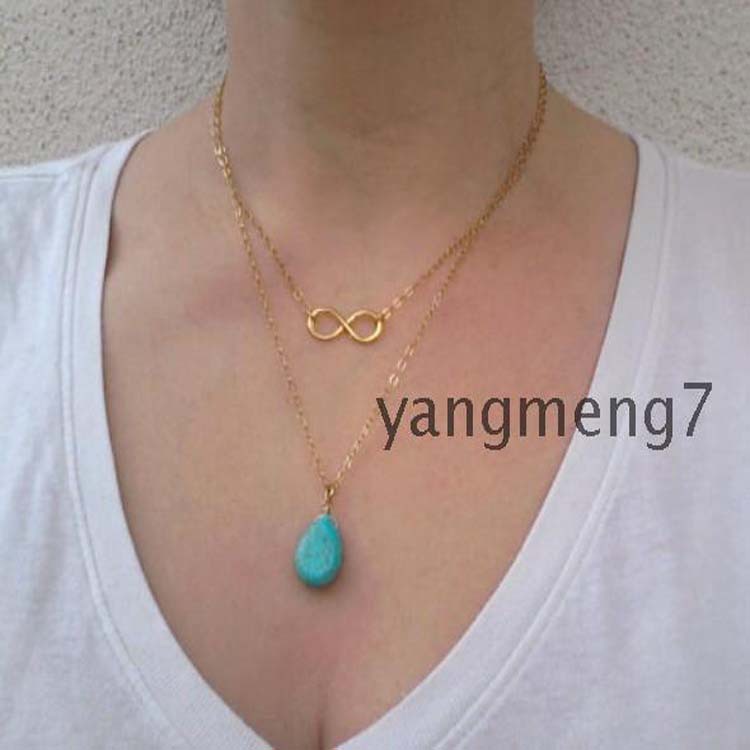 Cupid Fahion jewlry Gold Chain Necklace Lucky Number Eight Blue Turquoise Necklace Pendant Necklace Double Cute