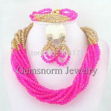 Amazing Fuchsia Dubai Gold Beads Jewelry Set Twisted Crystal Beads Party Jewelry Set 2014 New GS739