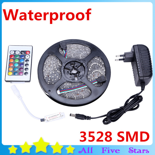 Impermeável LED Strip 5m 300Leds 3528 SMD com adaptador 12V 2A, 24key Mini controlador remoto apenas para RGB tira de luz Impermeável LED Strip 5m 300Leds 3528 SMD com adaptador 12V 2A, 24key Mini controlador remoto apenas para RGB tira de luz