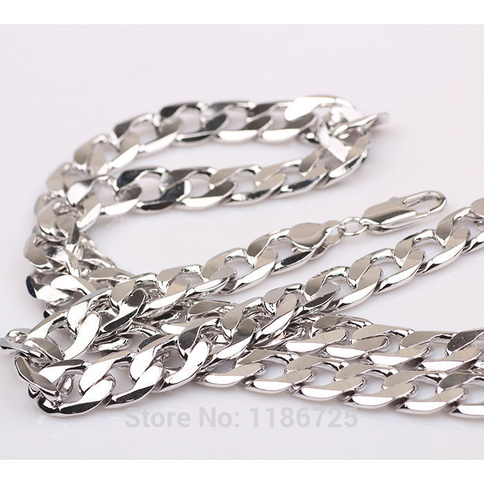 White-Gold-Filled-Mens-Necklacae-Bracelet-Euro-Curb-Chain-Link-jewelry ...