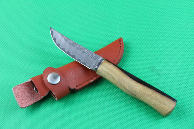 Steel Ebony handle hunting knife damascus steel knives 57HRC leather sheath 4258