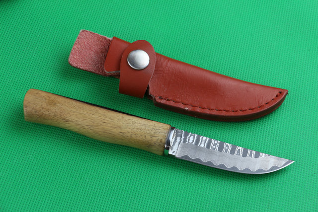Steel Ebony handle hunting knife damascus steel knives 57HRC leather sheath 4258
