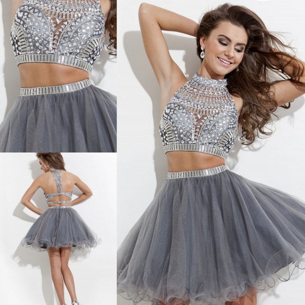 Designer 2015 Pouplar Real Photos Two Pieces Sliver Gray Tulle Beaded And Crystals High Neck Short Cocktail Party Dress