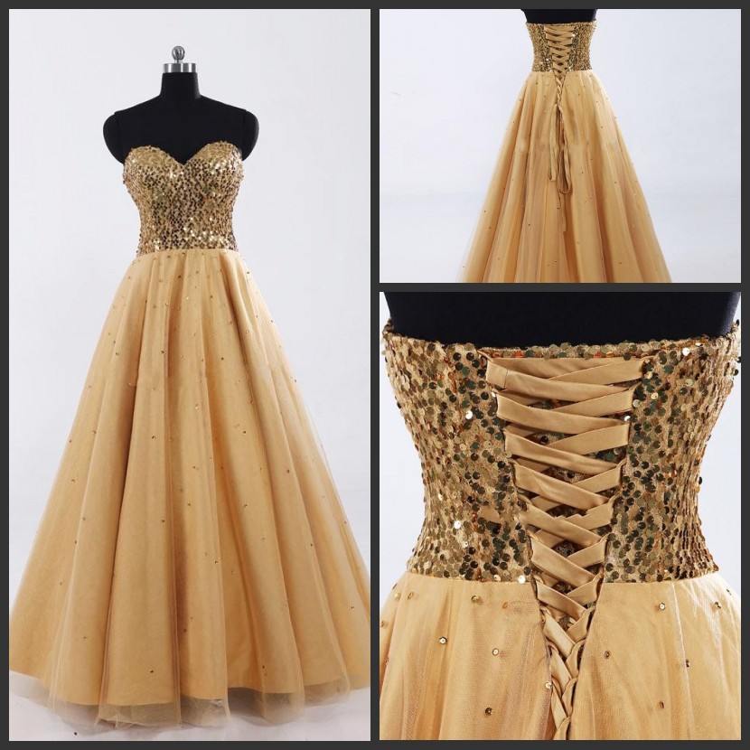 com : Buy Under 100 Cheap 2015 Gold Sequins Long Prom Gowns Sweetheart ...