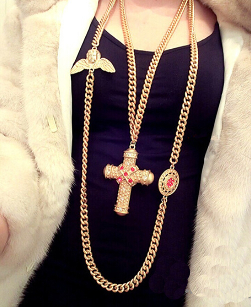 Vintage fashion all match long design cupid cross rhinestone multi layer necklace female accessories