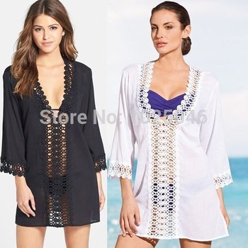 Новый 2015 мода женщины пляж платье сексуальные дамы v-образным вырезом кружева купальники пляж рубашка хлопок бикини прикрыть пляжная одежда