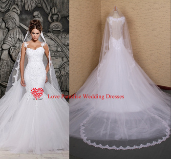 Настоящее модель 2015 самая низкая цена белого кружева и видеть сквозь русалка свадебные платья с съемный поезд свадебные платья тюль