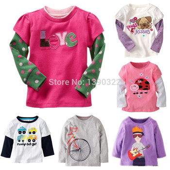 Дети хлопок шею футболка с длинным рукавом футболки с милой аппликация вышивка, мальчики и девочки одежда, детская одежда в течение 1-6 лет