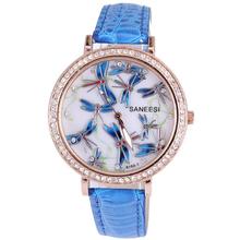 2014 Hot sale fashion watch beautiful blue dragonfly diamond jewelry snake crystal leather strap women quartz