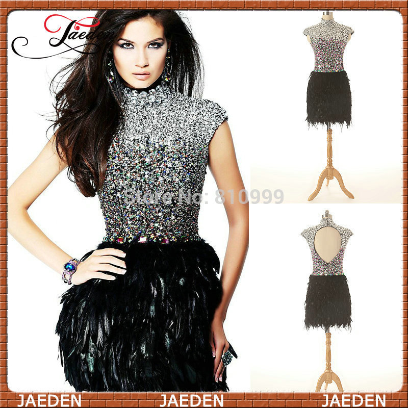 Charming-High-Neck-Short-Prom-Dress-2015-Heavy-Crystal-Beaded-Feather ...