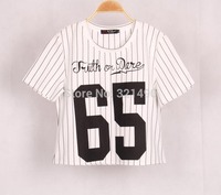 free shipping 2015 new arrival brand t shirt women harajuku striped printed crop top white black casual baseball tee