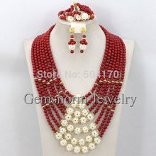 2015 Latest Fashion Red Coral Beads Wedding Jewelry Set Luxury Bridal Necklace Jewelry Set Handmade Free